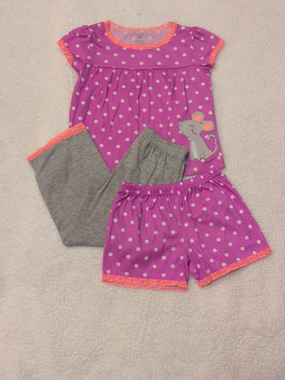 Carter's Deep Pink and Gray Polka Dot Mouse Pajama Set With Peach Accents